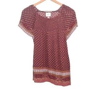 Knox Rose Maroon Mixed Boho Print Short Sleeve Smocked Blouse Size Medium